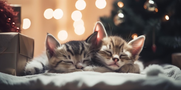 Deux chatons dormant sur une couverture à côté d'une image ai générative d'arbre de noël