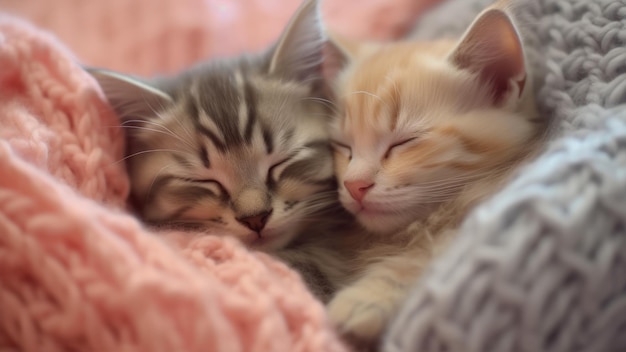 Photo deux chatons dormant sur une couverture rose