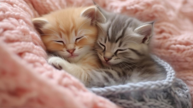Deux chatons dormant dans une couverture rose