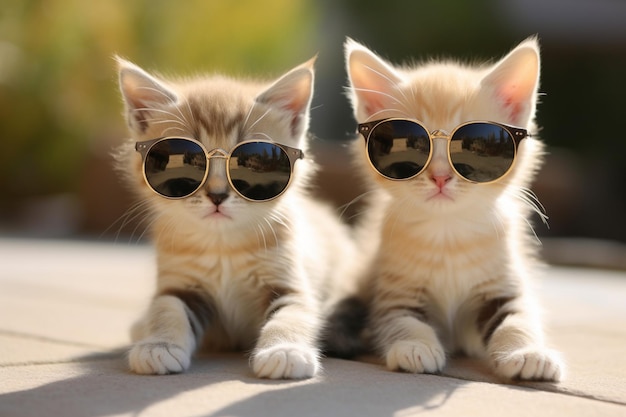 Deux chatons portant des lunettes de soleil sont assis sur une table.