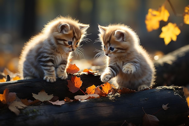 Deux chatons rouges mignons et moelleux jouant dans la forêt d'automne par une journée ensoleillée
