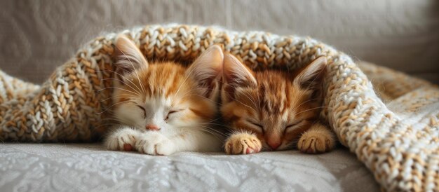 Deux chatons se câlinent sous une couverture