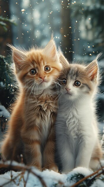 deux chatons sont assis dans la neige