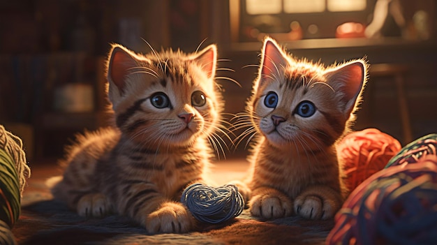 Deux chats allongés sur un tapis avec une boule bleue devant eux