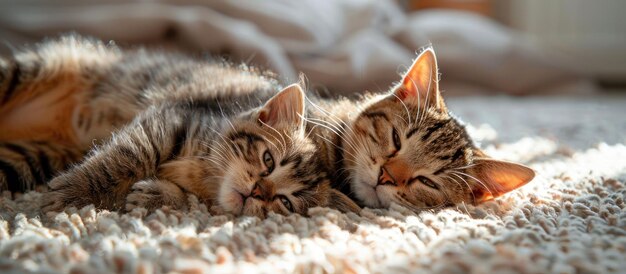 Deux chats allongés sur le tapis