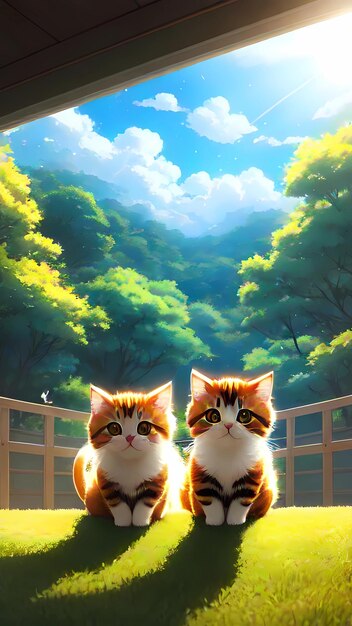 deux chats assis sur un balcon avec un fond de ciel.