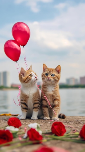 Deux chats avec un ballon coeur rouge