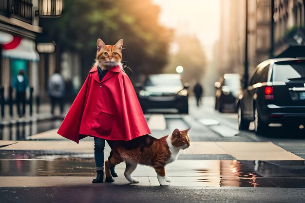 Photo deux chats avec une cape rouge et un homme en imperméable rouge sont dans une rue mouillée.