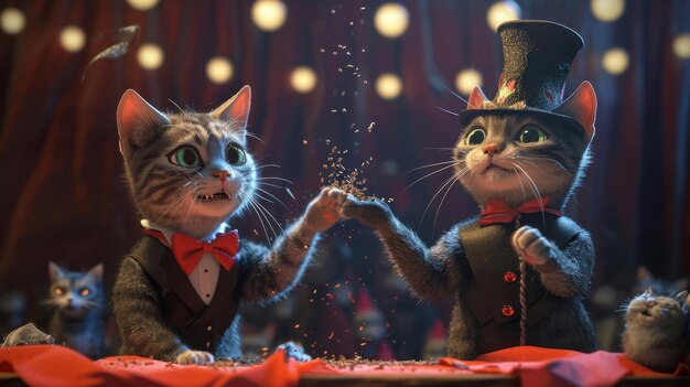 Deux chats habillés en magiciens exécutant un acte de disparition avec une poignée d'herbe à chat en tant que public