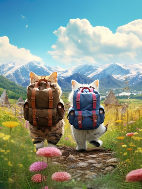 deux chats marchent dans un champ avec un sac à dos qui dit aller sac à dos