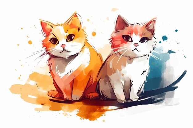 Deux chats mignons sur un fond d'éclaboussures d'aquarelle Illustration vectorielle