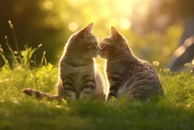 Deux chats mignons sur l'herbe verte avec un arrière-plan flou du soleil du matin