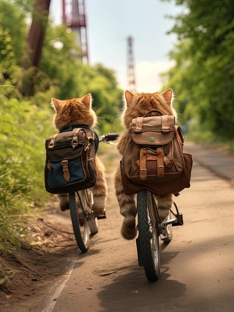 deux chats montent un vélo avec un sac à dos qui dit chat