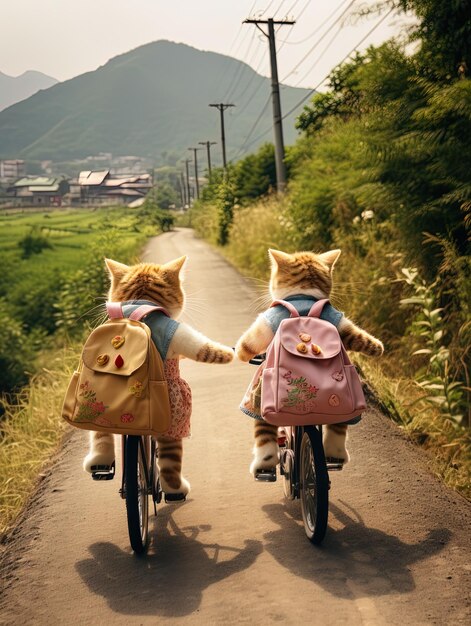 deux chats montés sur des vélos avec un sac qui dit hello kitty