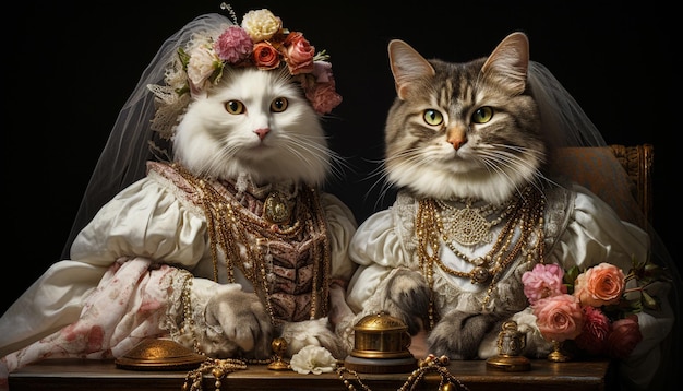 Deux chats portant une robe blanche royale sur un fond noir générative d'IA