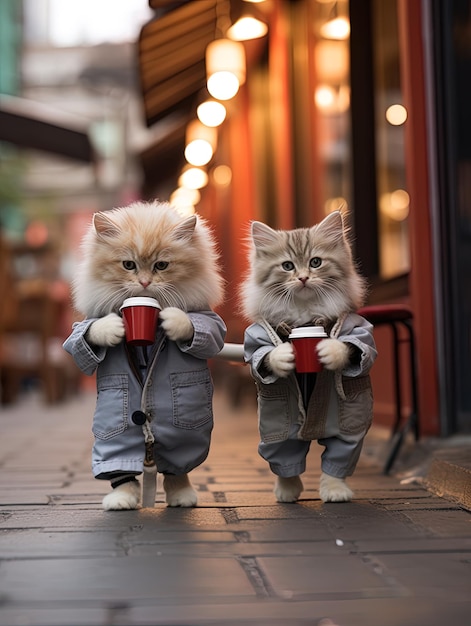 deux chats portant des vêtements qui disent qu'ils tiennent une tasse