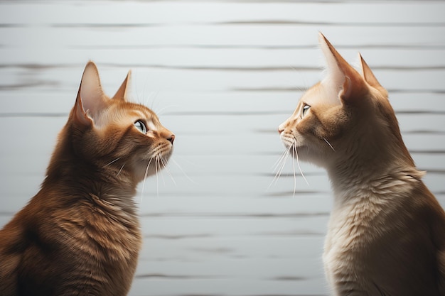 Deux chats de race abyssinienne se regardent sur un portrait spatial sur fond blanc