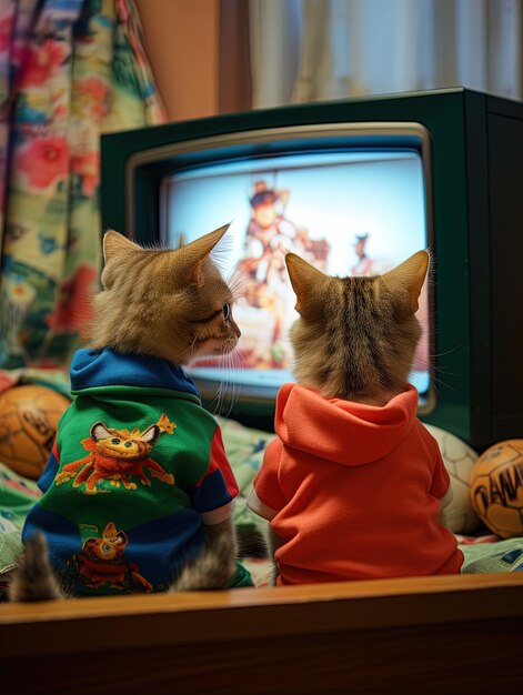 deux chats regardent un téléviseur avec un panneau disant joyeux Halloween