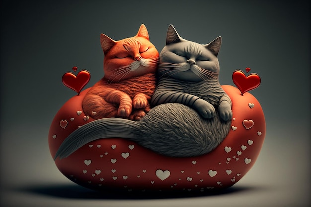 Deux chats romantiques dormant sur un oreiller rouge en forme de coeur icônes de coeur volant autour de l'IA générative