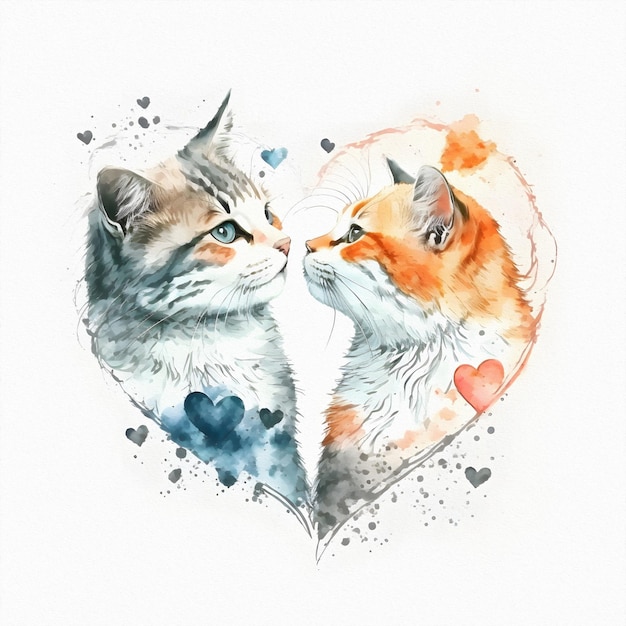 Deux chats s'embrassant en forme de coeur Saint Valentin et tous les amoureux Illustration aquarelle