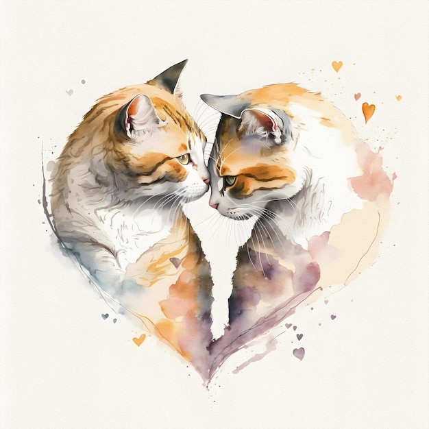 Deux chats s'embrassant en forme de coeur Saint Valentin et tous les amoureux Illustration aquarelle