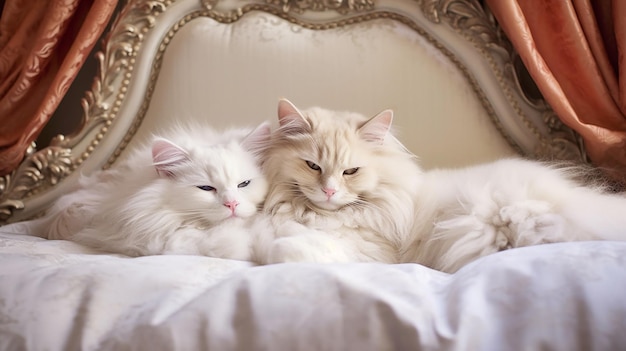 Deux chats se font des câlins sur un lit