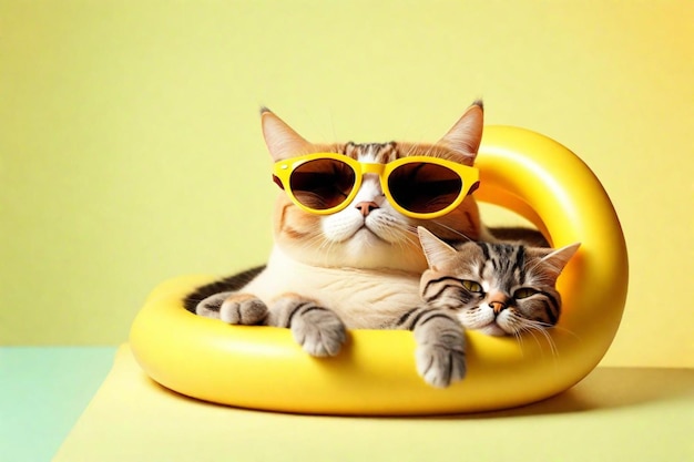 Photo deux chats sont allongés sur un tube jaune et l'un porte des lunettes de soleil