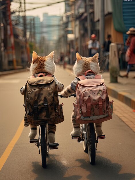 deux chats sont à l'arrière d'un vélo avec un sac à dos qui dit chat