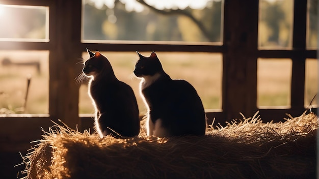 deux chats sont assis dans une botte de foin, dont un chat noir et blanc.