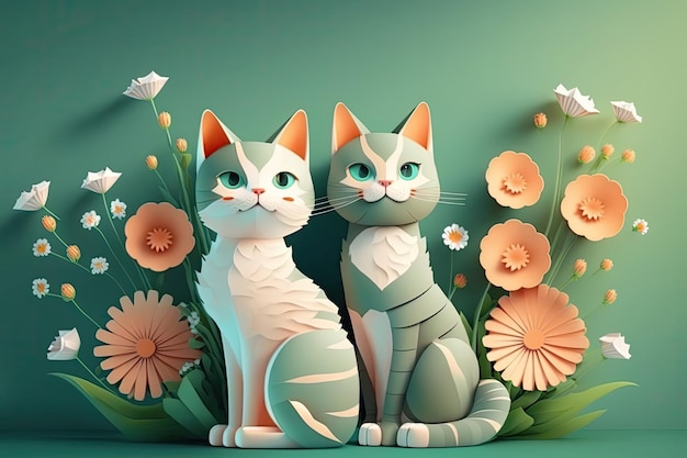 Deux chats sont assis dans un paysage fleuri.