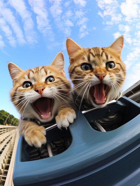 deux chats sont assis dans une voiture avec leur bouche ouverte