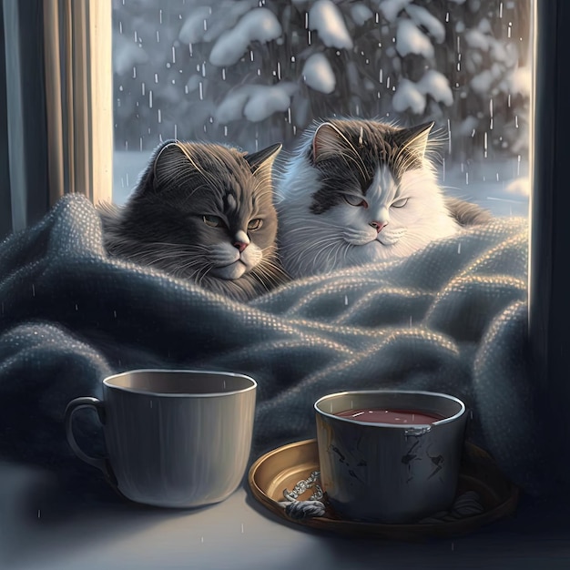 Deux chats sont assis sur un rebord de fenêtre avec une couverture qui dit « thé ».