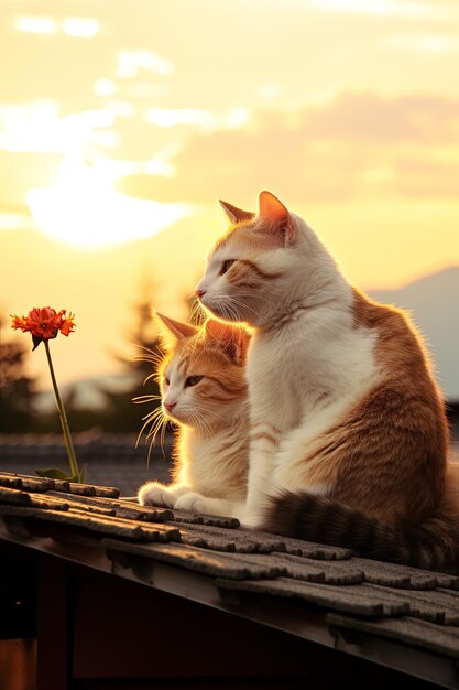 deux chats sont assis sur un toit et regardent le coucher de soleil