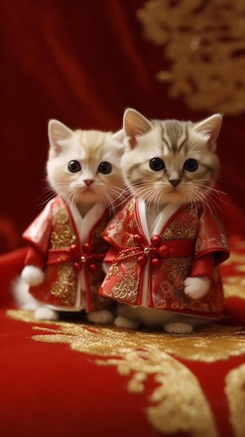 Deux chats vêtus de costumes chinois sont assis sur un fond rouge.