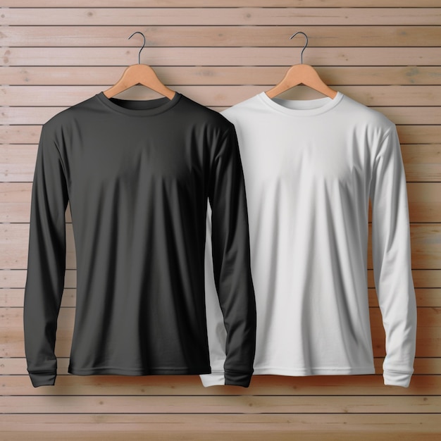 deux chemises blanches et noires accrochées à un mur de bois