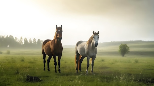 Deux chevaux dans un champ avec un ciel nuageux en arrière-plan
