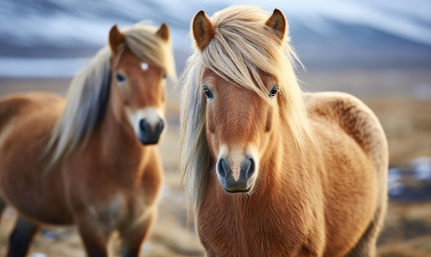 Deux chevaux islandais Lusciousmaned dans un pâturage serein avec des montagnes en toile de fond. Créés avec des outils d'IA générative