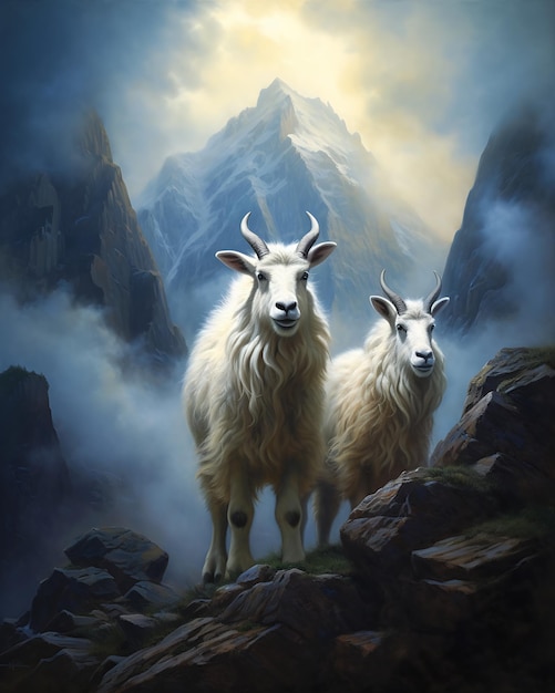 deux chèvres de montagne debout au sommet rocheux apparaissant en arrière-plan avatar culte agneau distinct trois animaux