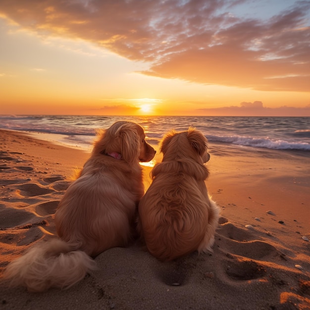 Deux chiens assis sur la plage au coucher du soleil