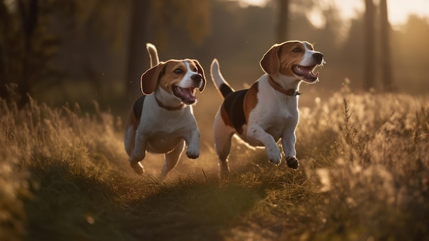 Deux chiens beagle gambader dans un champ herbeux pendant la journée ensoleillée Generative AI AIG18