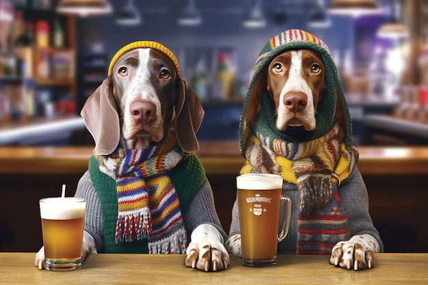 Deux chiens buvant de la bière dans un pub ou un restaurant Vêtus de vêtements chauds