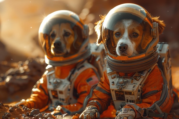 Deux chiens en combinaison spatiale assis sur le sol.