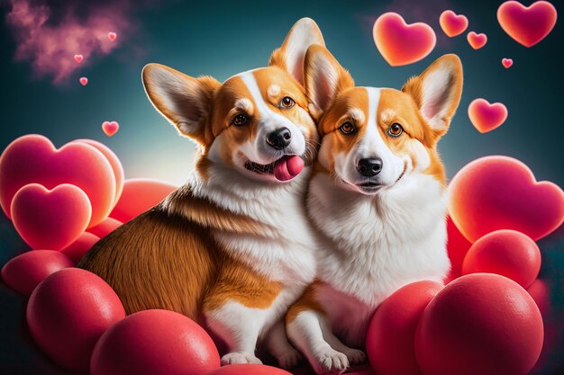 Deux chiens corgi gallois dormant sur un oreiller en forme de coeur rouge icônes de coeur volant autour de l'IA générative