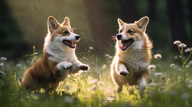 Photo deux chiens corgi s'amusent dans une prairie ensoleillée sous les chaudes gouttes de pluie d'été.