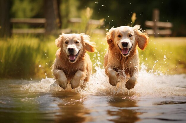 Photo deux chiens courent dans l'eau et l'un a l'autre sur l'autre