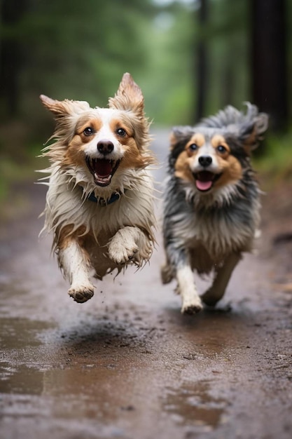 Deux chiens courent sous la pluie. L'un a une étiquette sur son collier.