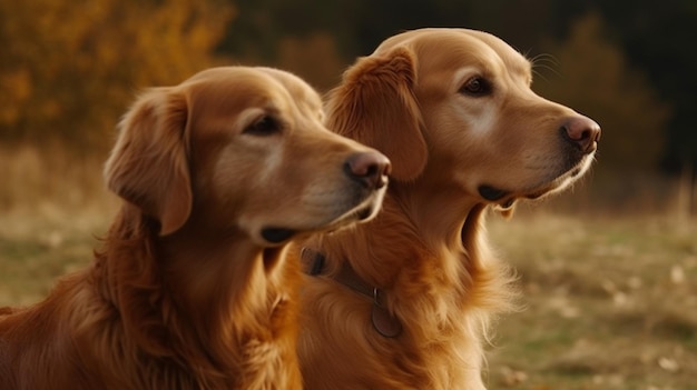 Deux chiens dans un champ avec des feuilles d'automne