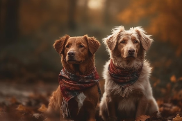 Deux chiens dans une forêt d'automne Generative AI