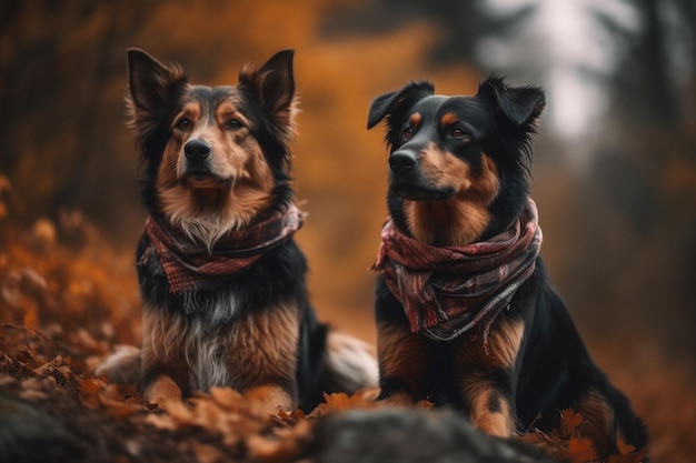 Deux chiens dans une forêt avec des feuilles au sol AI générative