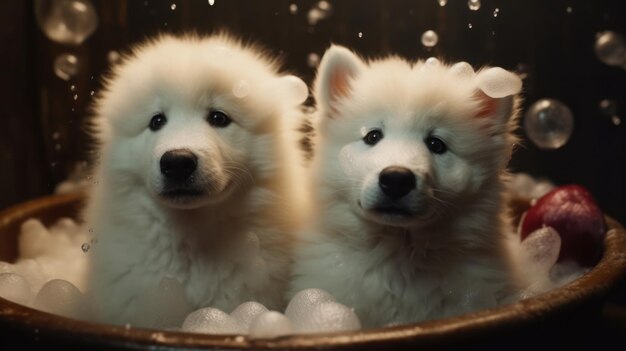 Deux chiens dans un pot avec des bulles sur le devant